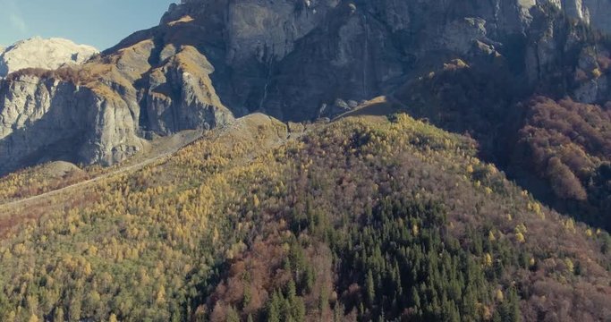Stunning Drone Views over the alpine forest valley and mountains of Sixt in the High french Rhone alp region of france.