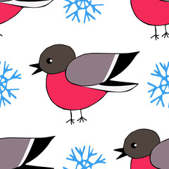 Hand drawn bullfinch and snowflake seamless pattern