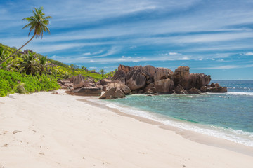 Granite rocky Anse Coco's beach in La Digue island, Seychelles