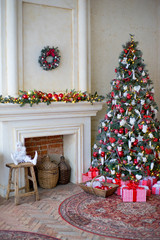 Fototapeta na wymiar Stylish Christmas interior decorated in white and red colors