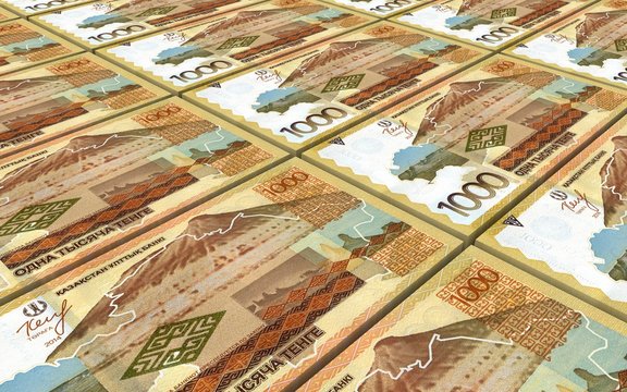 Kazakhstan tenge bills stacks background. 3D illustration.