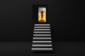 stair or steps up to the success in a door against black wall and floor,Opened door to success woman and stair in black room with shadow.business success concept,win