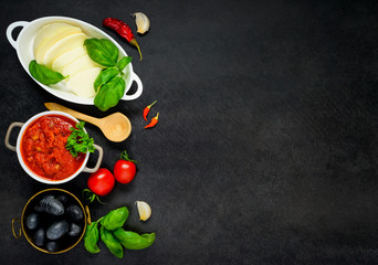 Cheese, Sauce and Vegetables on Copy Space