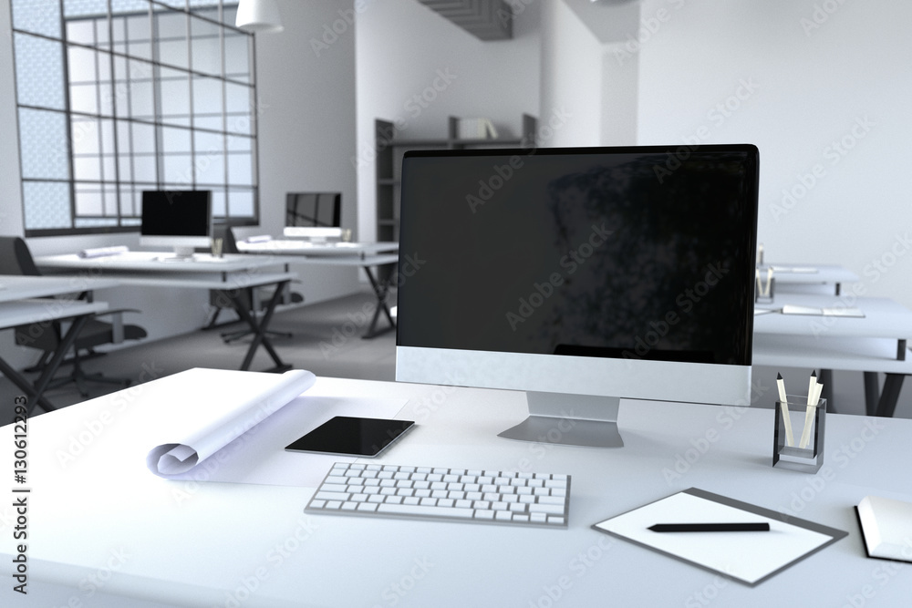 Aufkleber 3d rendering : illustration of modern interior creative designer office desktop with pc computer.com