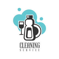 House And Office Cleaning Service Hire Logo Template With Dishes And Chemicals For Professional Cleaners Help For The Housekeeping