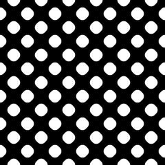 Vector seamless pattern, polka dot texture, rounded geometric figures, white circles on black backdrop. Simple dark monochrome texture, abstract endless background. Design for prints, textile, decor