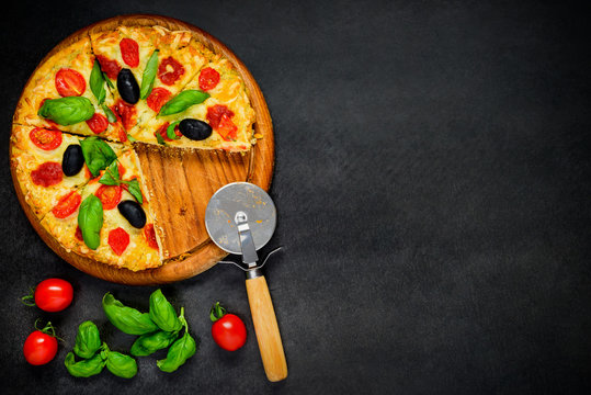 Pizza with Tomato and Basil on Copy Space