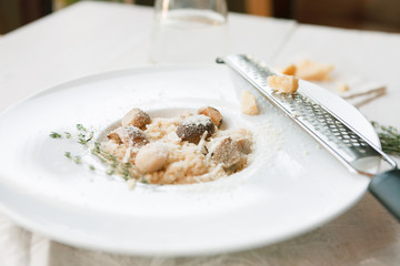 Wild mushrooms risotto with rosemary and parmesan, italian cuisine closeup