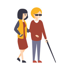 Physically Handicapped Person Living Full Happy Life With Disability Illustration With Smiling Blind Woman Walking With Friend