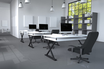 3D Rendering : illustration of modern interior Creative designer office desktop with PC computer.computer labs.working place of graphic design.close-up.Mock up.shiny floor.light from outside