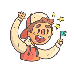 Sports Fan Boy In Cap And College Jacket Hand Drawn Emoji Cool Outlined Portrait