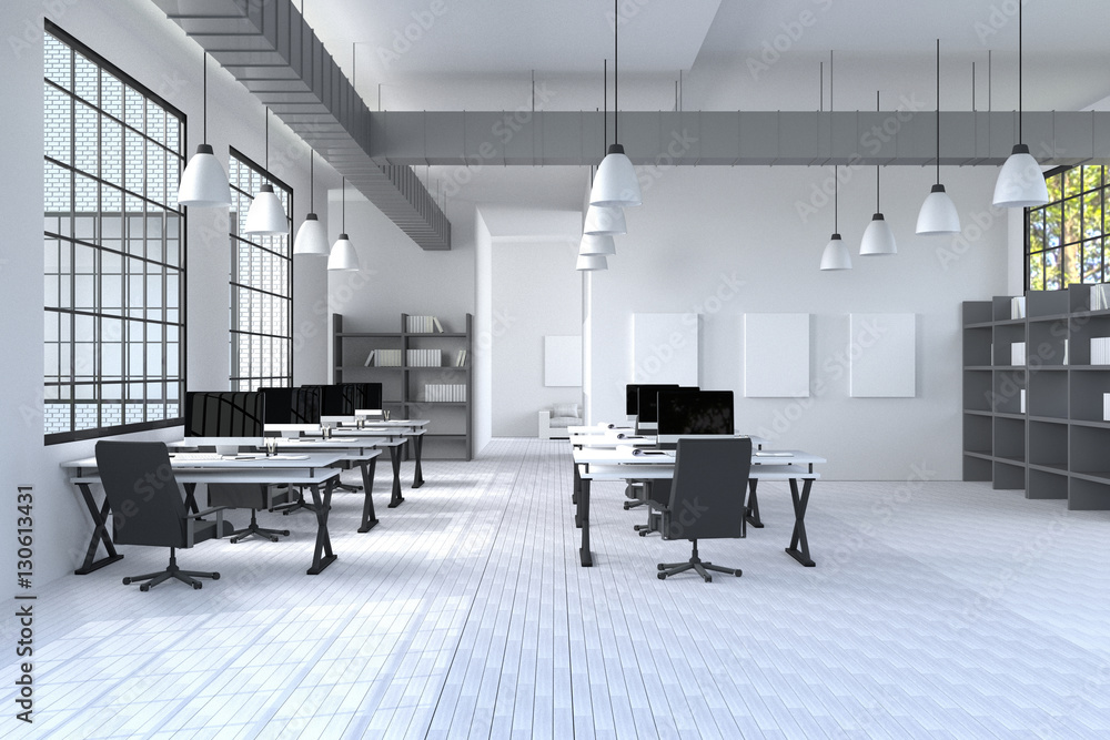 Aufkleber 3d rendering : illustration of modern interior creative designer office desktop with pc computer.com