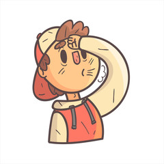 Relieved Boy In Cap And College Jacket Hand Drawn Emoji Cool Outlined Portrait