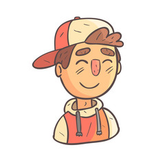 Smiling Boy In Cap And College Jacket Hand Drawn Emoji Cool Outlined Portrait