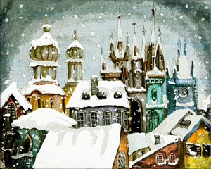 Obraz premium Prague Czech Republic capital cityscape cartoon oil painting 