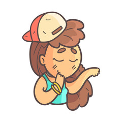 Feeling Shy Girl In Cap, Choker And Blue Top Hand Drawn Emoji Cool Outlined Portrait