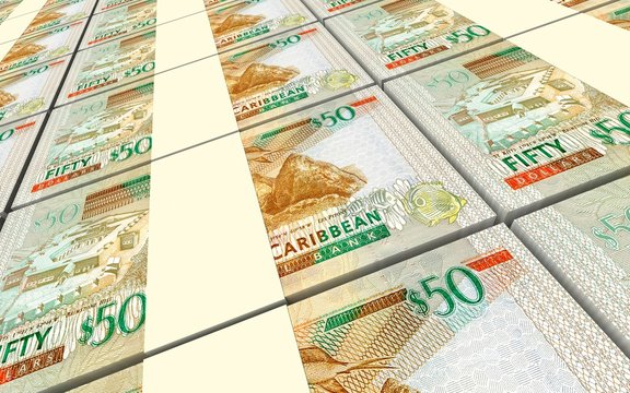 Eastern Caribbean Dollar Bills Stacked Background. 3D Illustration.