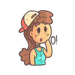 Impressed Girl In Cap, Choker And Blue Top Hand Drawn Emoji Cool Outlined Portrait