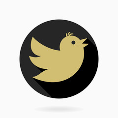 Fine icon with flying bird in the circle. Flat design with long shadow. Black and golden pattern