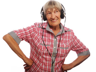 Funny old lady listening music