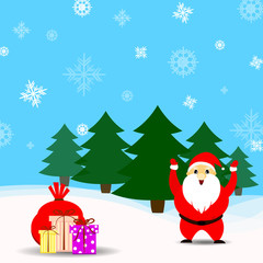 santa claus gifts and christmas trees with snow flakes