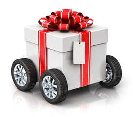 Gift or present box with car wheels