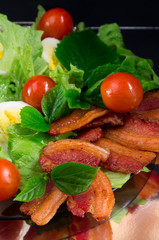 Side view close-up fragment of the dish with fried bacon and che