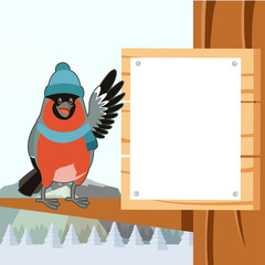 Happy Bullfinch with Hat on the winter background