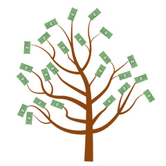 Tree with money. Dollars on the tree. Flat design, isolated on white background. Vector illustration, clip art