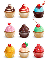 Set cupcakes on a white background. Isolated. Sweet pastries decorated with cherry, raspberries, heart, candy, mint, chocolate and cowberry. Vector illustration. 3D.