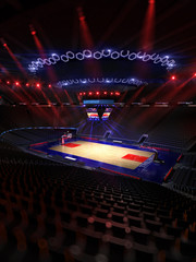 Basketball court. Sport arena.Photoreal 3d render background. blured in long shot distance(like leans optical), a little noise (like photography) colour