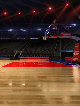 Basketball court. Sport arena.Photoreal 3d render background. blured in long shot distance(like leans optical), a little noise (like photography) colour