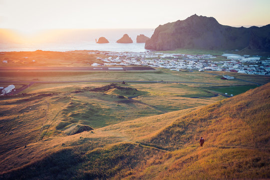 Sunset at the vestmannaeyjar island