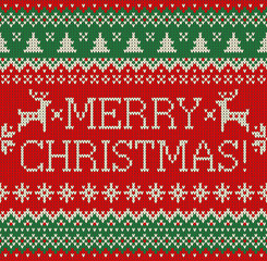 Merry Christmas and New Year seamless knitted pattern with lettering MERRY CHRISTMAS, deer, snowflakes and fir. Scandinavian style. Winter Holiday Sweater Design. Vector Illustration.