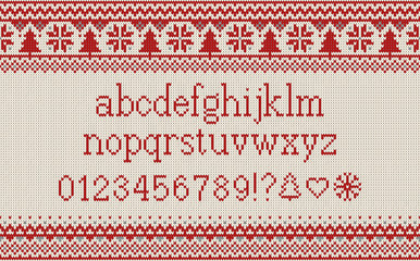 Christmas font. Knitted latin alphabet on seamless knitted pattern with snowflakes and fir. Nordic fair isle knitting, winter holiday sweater design. Vector Illustration.