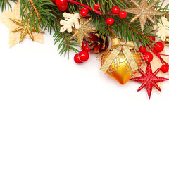 Obraz na płótnie Canvas Christmas Background with Xmas Tree Twig and Decorations. Abstra