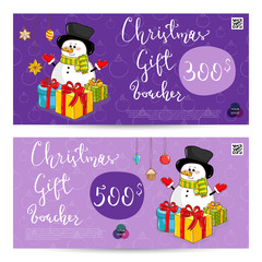 Christmas gift voucher template. Gift coupon with Xmas attributes and prepaid sum. Cute snowman, wrapped gifts, christmas tree toys cartoon vectors. Merry Christmas and Happy New Year greeting card