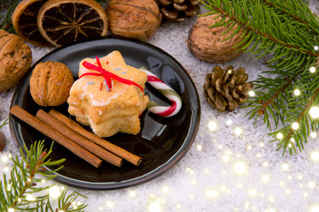 Christmas cookies and decoration on snow background.