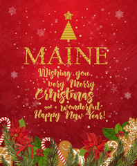 Maine Merry Christmas and a Happy New Year greeting vector card on red background with snowflakes.