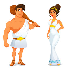 cartoon illustration of Heracles and ancient Greek goddess - obrazy, fototapety, plakaty
