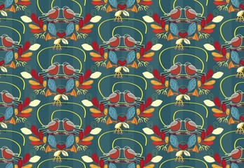 Beautiful bullfinch vector pattern. Gorgeous leaves, mushrooms, birds  seamless illustration. Good for textile, design, backgrounds. Autumn. Winter