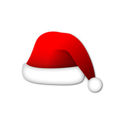 Christmas hat vector. Santa Claus hat with soft shadows and tridimensional feeling. Editable vector and isolated. Red cap with white background.