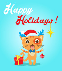 Cat Cartoon Character For Christmas Vector Cards And Banners. Funny Kitty With Gifts And Christmas Ball In Flat Style. Happy Holidays Postcard Design. Funny Cat.