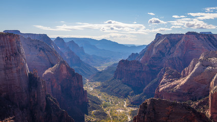 Spectacular views of the big ravine. Amazing mountain landscape. Breathtaking view of the canyon. Zion National Park, Utah, USA