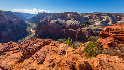 Spectacular views of the big ravine. Amazing mountain landscape. Breathtaking view of the canyon. Zion National Park, Utah, USA