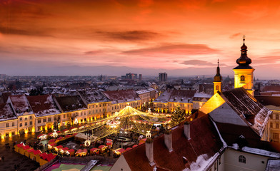 Christmas Market in Sibiu, Transylvania Romania. Beautifull sunset in the heart of Transylvania....