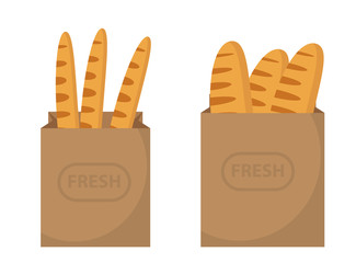 Bread in a paper bag. Loaf, Baguette in the papers package. Vector illustration, clip art