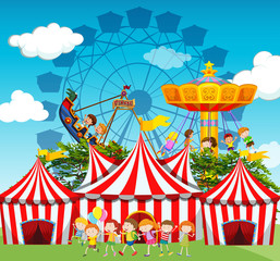 Obraz na płótnie Canvas Circus scene with children and rides