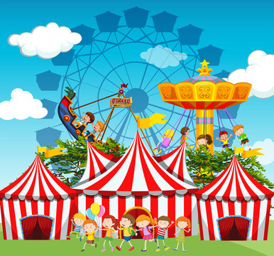 Circus scene with children and rides