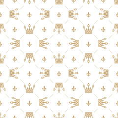 Seamless pattern in retro style with a gold crown on a white background. Can be used for wallpaper, pattern fills, web page background, surface textures. Vector Illustration.